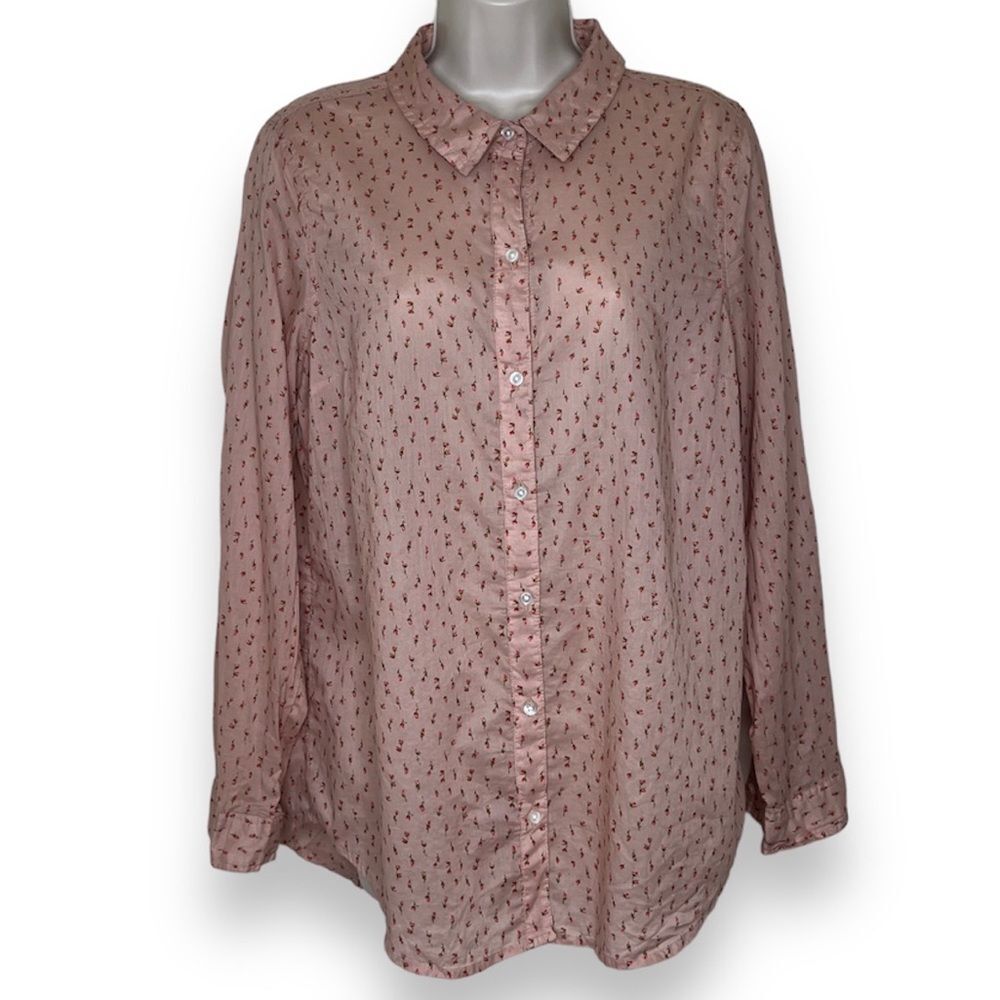 NWT Old Navy Ditsy Floral Tan Red Button Up Long Sleeve Cotton Shirt Women Large